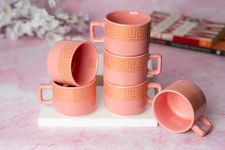 CHEENI MAATI Set of 6 Small Tea Coffee Chai Serving Cups Ceramic Mug Printed Serving Tea/Coffee Cups Set Clay Cup 150 ml Round Shape 150ML Pack of 6 (Multicolor, White, Cup Set) (Pink)