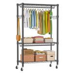 FSUON Heavy Duty Rolling Garment Rack, 1" Diameter Rods, 3 Tiers Adjustable Wire Shelving Clothes Rack with Double Rods and Side Hooks, Freestanding Wardrobe for Hanging Clothes, Black