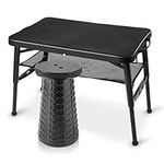 Small Folding Camping Table Portable - Adjustable Height Table with Collapsible Stool and Mesh Layer Foldable Table Lightweight for Hiking Camp BBQ Picnic Beach Cooking Ideal as Lap Desk Bed Table