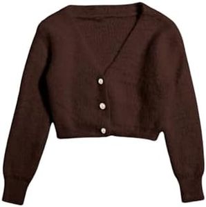 GORGLITTER Women's Chunky Fuzzy Crop Sweater Cardigan Pearl Button Down Long Sleeve Open Front Shrug Knit Cardigan 2025 Coffee Medium