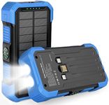 Solar Charger Power Bank 20000mAh Portable Wireless Charger with Built-in Cables, USB-C Fast Charging Battery Pack, Outdoor Phone Charger with Dual LED Flashlight for Camping, Hiking, Emergency (Blue)