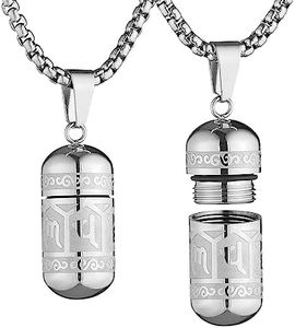 STWTR Tibetan Buddhist Meditation Stainless Steel Pendant Memorial Cremation Grey Pill Container Necklace for men and women with 23.6 "+1.9" necklace, Stainless Steel