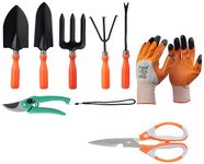 Amazon Brand - Solimo 8-Piece Gardening Tool Kit | Cultivator, Fork, Trowels, Weeder, Garden Gloves, Pruner Cutter, and Scissor | Gardening Tools Set for Home Gardens