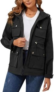 PESION Womens Packable Military Utility Raincoats Outerwear Waterproof Windbreaker Jacket Cargo Jacket with Pockets for Outdoor Travel Hiking, Black, Medium