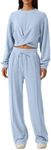 QINSEN Women 2 Piece Outfits Sweatsuit Set Twist Front Cropped Sweatshirt Wide Leg Sweatpant Lounge Set Tracksuit, Sky Blue, Medium