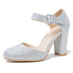 fereshte Women's High Heel Closed Toe Chunky Wedding Pumps Mary Jane Shoes, Glitter Silver, 4 UK