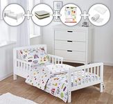 ELEGANT BABY Complete 7 Piece Kids White Toddler Bed Bundle with Kinder Flow Mattress and Circus Friends Reversible Bedding Set | Junior Bed and Children's Bed