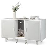 COSTWAY Cat Litter Box Enclosure, Wooden Kitty Hidden Washroom Toilet with Scratching Board, 2 Cabinets and Detachable Legs, Indoor Cats House TV Stand End Table Grey