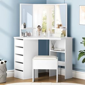 ALFORDSON Corner Dressing Table and Stool Chair Set White Color, Makeup Vanity Desk with Tri-fold Mirror, Mutiple Shelves & Side Cabinet, Dresser Organiser for Women Bedroom Dress Room