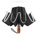 Lejorain Large Reversible Umbrella -50 Inch Windproof Folding Inverted Umbrella - Auto Open/Close with Safety Reflective Strip(Black)