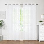 White Sheer Curtains for Bedroom Living Room 84 Inches Long Lattice Geometric Embroidered Semi Sheer Curtain Panels Linen Textured Moroccan Voile Window Treatment Sets, 52"w x 2pcs, Grommet Top