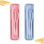 Travel Utensil Set with Case, 2 Sets Reusable Spoon Chopstick Forks Tableware, Portable Cutlery Travel Picnic Camping or Daily Use ((Blue & Pink))