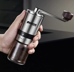 Bison Manual Coffee Grinder with 6 Adjustable Settings & Metal Handle Ceramic Burr Mill & Stainless Steel Body, Whole Bean Coffee Grinder for Drip Coffee, Moka Pot, French Press (Silver)