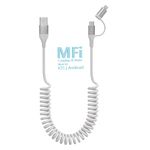 USB to USB-C and Lightning Cable Coiled 2 in 1,[MFi Certified] Apple Carplay & Android Auto Cable with 3A Fast Charging & Data Sync,Short USB to Lightning Cable for iPhone 15/14/13/12 Galaxy-White