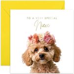 Old English Co. Poodle Dog Very Special Niece Card - Poodle Puppy Floral Cute Birthday Card for Her - Cute Well Done Congratulations Cards for Niece from Family Friends