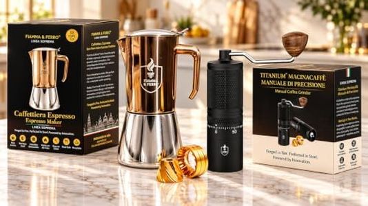 FIAMMA & FERRO Stovetop Espresso Maker & Manual Coffee Grinder Bundle | 12-Cup Stainless Steel Moka Pot with Canvas Travel Bag & Titanium+ Manual Burr Grinder (Espresso–Turkish-French Press and more)