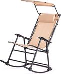 CASART Foldable Rocking Chair, Outdoor Indoor Sun Lounger Recliner Chairs with Sunshade Canopy and Head Pillow, Garden Leisure Rocker Armchair for Camping Patio Beach (Beige)