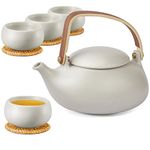 ZENS Vintage Japanese Tea Set, 800ml Matte Grey Japanese Teapot with Strainer and 4 Tea Cups for Loose Leaf Tea Steeper, Wood Handle Ceramic Tea Pots for Hot Tea Brewing, Tea Party Gifts.