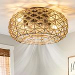 16 Inch Rattan Caged Ceiling Fan with Lights, Farmhouse Low Profile Ceiling Fan with Remote Control, Small Rustic Enclosed Flush Mount 6 Wind Speeds Bladeless for Bedroom Living Room kitchen