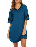 Ekouaer Women's Nightgown Cotton Sleep Shirt V Neck Short Sleeve Loose Comfy Pajama Sleepwear,Blue,M