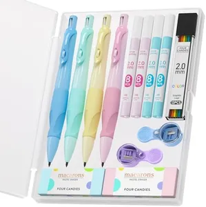 Four Candies 4PCS Thick Barrel Mechanical Pencil with Comfort Grip, 2.0MM Ergonomic Mechanical Pencil with 44PCS Lead Refills, 2PCS Sharpeners/Erasers, Aesthetic School Supplies for Writing Drawing