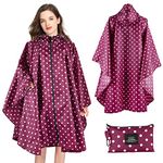 SOPPY Lightweight Waterproof Rain Poncho for Women Men, Windproof Reusable Ripstop Breathable Raincoat with Hood for Outdoor Activities Quick Dry Hooded Raincoat Free Size - Red Dots