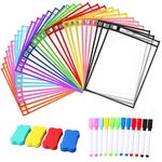 30 Pcs Reusable Dry Erase Pockets Sleeves, 10" x 13" Job Ticket Holders, Clear Dry Erase Sheet Protectors with 12 Pen and 4 Erasers for Office School Classroom & More, 10 Colors