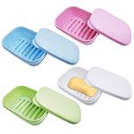 4 Pack Soap Box Holder,Sonku Plastic Soap Dish Container with 4 Pack Soap Saver and 10 Pack Toothbrush Head Covers for Bathroom Shower Home Travel Camping Gym-Green,White,Blue,Pink