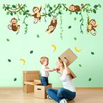 DECOWALL DS-8053 Monkey Vines Wall Stickers Animals Kids Decals Peel and Stick Removable for Nursery Bedroom Living Room Baby family leaf art décor jungle climbing tree