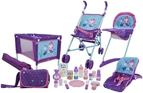 509 Crew Mermaid 21 Piece Set: Doll Stroll n Play & Care Set - includes Stroller, Car Seat, Highchair, Play Yard, 15 Piece Accessories, & Diaper Bag/Handbag, Kids Pretend Play Ages 3+ (T818028)