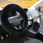 3Pcs Set Womens Winter Fashion Wool Fur Soft Furry Steering Wheel Covers Black Fluffy Handbrake Cover Gear Shift Cover Fuzz Warm Non-Slip Car Decoration Short Hair