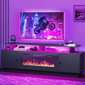 DWVO Modern TV Stand with Fireplace, TV Cabinet with 36" Electric Fireplace, Entertainment Center with LED Light Strips, Media Console for Living Room, Black