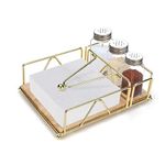 Napkin Holders for Paper Napkins, Flat Napkin Holder with Wooden Base, Gold Stainless Steel Napkin Basket for Kitchen Party Metal Napkin Holder with Weighted Arm, Square Flat Tissue Holder (Gold)