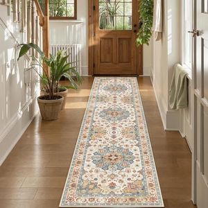 UZU 60x240cm Non-Slip Washable Runner Rug for Hallway Bedroom Vintage Boho Faux Cashmere Carpet Kitchen Rugs Indoor Long Durable Soft Floor Mat Low Pile Runners with Anti-Slip Backing - Home Decor