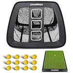 CHAMPKEY Double Sided Golf Chipping Net with Golf Hitting Mat | Come with 12 Foam Golf Balls | 5 Ply-Knotless Netting Chipping Net and Heavy Duty Rubber Backing Hitting Mat Ideal for Training