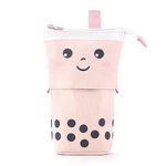 Maomaoyu Cute Cartoon Cat Stand up Pencil, Cat Pencil Case for Girls, Large Lightweight Canvas Holder for Kids Students Adults Girls Boys Presents, Pink & Dot