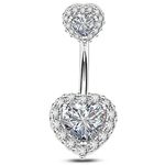 OUFER 316L Surgical Steel Double Heart Cubic Zirconia Belly Button Ring 14G (1.6mm) (18ct White Gold)