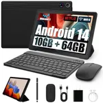 Android Tablet, 10.1 Inch Android 14 Tablet with 1280x800 IPS HD Touch Screen, Dual Camera, 64GB Storage 1TB Expansion, 8 in 1 Tablets Kit with Keyboard, Protective Case, Mouse, Stylus, BT 5.0, WiFi 6