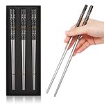 Stainless Steel Chopsticks Reusable Titanium Plated Metal Chopsticks Premium Japanese Gift Set Dishwasher Safe (3 Pairs - Black)