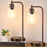 Industrial Touch Table Lamps Set of 2 - Bedside Lamps with 2 USB Ports & AC Outlet, 3-Way Dimmable Nightstand Desk Lamp for Bedroom Living Room, Glass Shade & 2 LED Bulbs Included - Oil-Rubbed Bronze