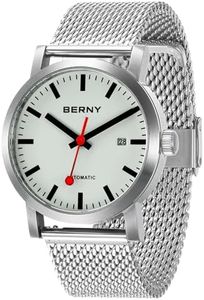 BERNY Classic Automatic Watch for Men Mechanical Self Wind Wristwatch MIYOTA 8215 Movement Stainless Steel Strap 5ATM Waterproof Full Luminous Dial Sapphire Glass Railroad Watches, White, Classic