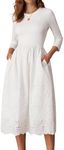 GRACE KARIN White Flowy Maxi Dress Summer Dresses for Women UK Solid Color Cotton Dress Crew Neck A-Line Dress with Pockets Lace Patchwork Dress S White Size 8