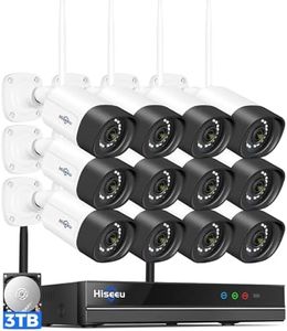 【Wireless Pro,Plug & Play】 Hiseeu 5MP WiFi Security Camera System Outdoor,12Pcs 16CH NVR Camera Surveillance System,Color Night Vision, Spotlight& Siren Alarm,2-Way Audio,3TB HDD for 24/7 Recordings