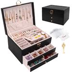 Jewellery Box, Jewellery Organiser with 2 Drawers, 3 Layers Leather Jewellery Storage Box with Lock, Jewellery Storage Case for Necklaces Earrings Bracelets and Rings, Black