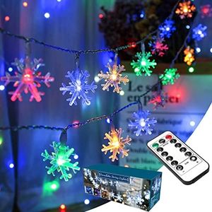 BrizLabs Colored Snowflake Lights, 40 LED 16.08ft Snow Flake Christmas Lights with Remote, 8 Modes LED String Lights Waterproof, Dimmable Battery Xmas Lights for Indoor Outdoor Christmas Tree Decor