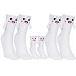 COZYMATE Hand Holding Socks Magnet 3 Pairs Family Matching Novelty Socks that Hold Hands for Couples Parent-Child Gag Gift, White-adults(2pairs)+kid(1pair-m), One Size