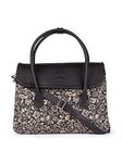 ZOUK Flomotif Floral Printed Jute Handcrafted Vegan Leather Black Women's Satchel Bag | Ladies Purse Handbag | Double Handle Detachable Strap