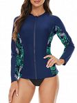 Women's Long Sleeve Rash Guard Zip Front Swimsuits Top UV UPF 50+ Sun Protection Swim Shirt for Women Swimwear Bathing Suit, Navy Leaves, 4-6