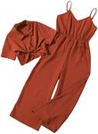 OYOANGLE Girl's 2 Piece Outfits Short Sleeve Button Down Shirt Crop Top and Wide Leg Pants Jumpsuit Set Rust Brown 11-12Y