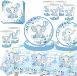 69Pcs Blue Elephant Party Tableware Set,Paper Party Dinnerware Set for Baby Shower with Plates,Tablecloth,Napkins,Cups,Cartoon Table Decorations for Kid's Birthday,Baby,Party Supplies for 16 Guests